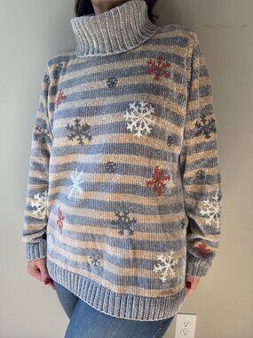 Coldwater Creek Luxe Chenille Turtleneck Sweater Gray Tan Snowflake Holiday 1X